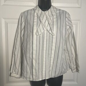 Vintage Topics California Shirt‎ Women M White Black Striped 80s Collared Blouse
